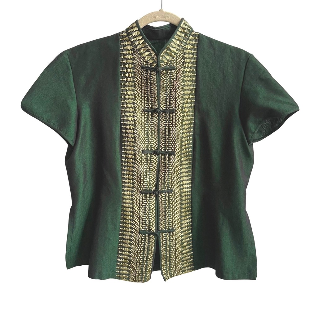 Handmade Blouse Women XS/S Green Gold Traditional Frog Button Mandarin Collar